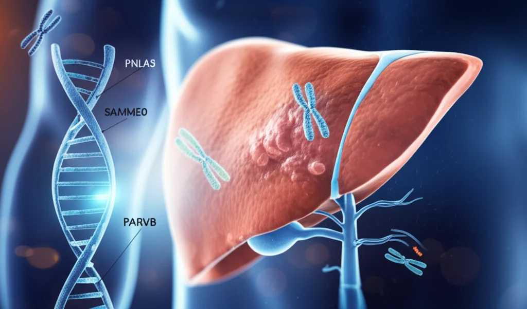 Composizione astratta che combina una mappa genetica stilizzata con cromosomi e geni evidenziati (PNPLA3, SAMM50, PARVB) sovrapposta a un'immagine medica sfocata di un fegato umano con segni di steatosi, colori blu e arancioni contrastanti, lente prime 35mm, profondità di campo per mettere a fuoco gli elementi genetici.