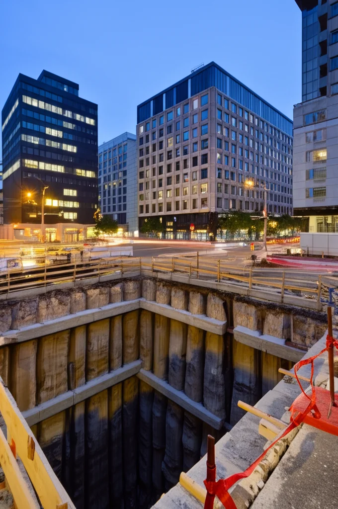 Fotografia grandangolare, 20mm, di uno scavo profondo per un parcheggio sotterraneo situato strategicamente tra due moderni edifici alberghieri in un contesto urbano denso. Messa a fuoco nitida su tutta la scena, lunga esposizione utilizzata per catturare leggere scie luminose del traffico circostante nelle strade adiacenti, suggerendo l'attività urbana che continua durante i lavori. Illuminazione crepuscolare controllata che bilancia le luci artificiali del cantiere con la luce ambientale.