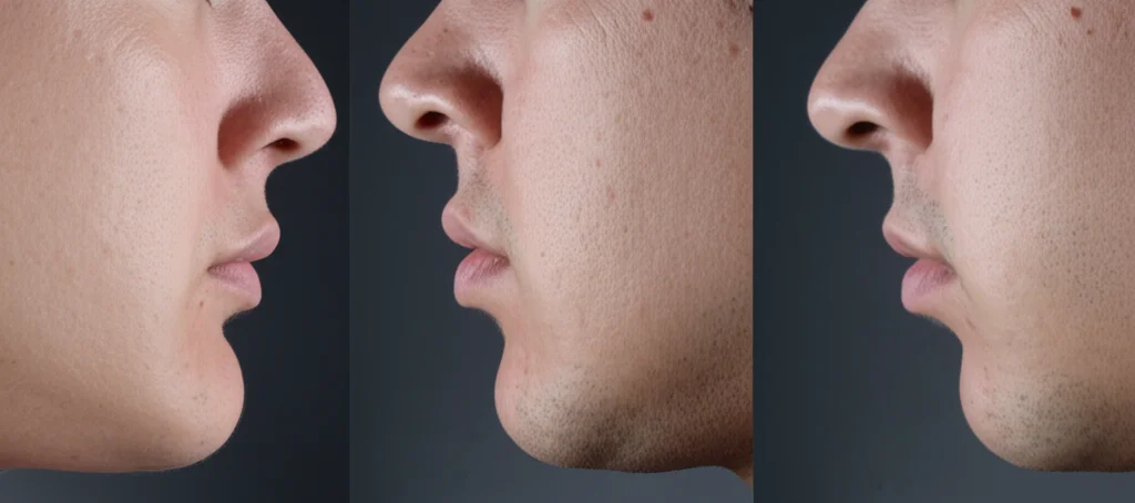 Fotografia ritrattistica di diversi profili facciali adulti che mostrano pattern di divergenza mandibolare variabili (viso corto, medio, lungo), focus sul terzo inferiore del viso (labbra e mento), obiettivo prime 35mm, profondità di campo controllata per isolare i soggetti, toni della pelle naturali, illuminazione morbida da studio.