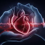 Immagine concettuale fotorealistica: cuore stilizzato di un neonato protetto da mani materne, con sottili fili luminosi rossi (anticorpi materni) che lo attraversano e causano un'interruzione nel ritmo (simboleggiato da onde ECG); effetto duotone blu e rosso, profondità di campo, lente 35mm, illuminazione soffusa.
