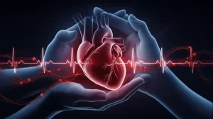 Immagine concettuale fotorealistica: cuore stilizzato di un neonato protetto da mani materne, con sottili fili luminosi rossi (anticorpi materni) che lo attraversano e causano un'interruzione nel ritmo (simboleggiato da onde ECG); effetto duotone blu e rosso, profondità di campo, lente 35mm, illuminazione soffusa.