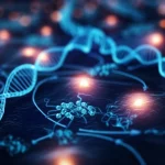 Immagine concettuale fotorealistica, obiettivo prime 35mm, che illustra la complessa interazione all'interno di una cellula di cancro al polmone: ioni di rame luminescenti interagiscono con macchinari cellulari (mitocondri, reticolo endoplasmatico), filamenti di DNA formano super-enhancer, e le vie metaboliche cambiano direzione. Effetto duotone (ciano e blu profondo) per un'atmosfera scientifica ma drammatica. Profondità di campo selettiva.