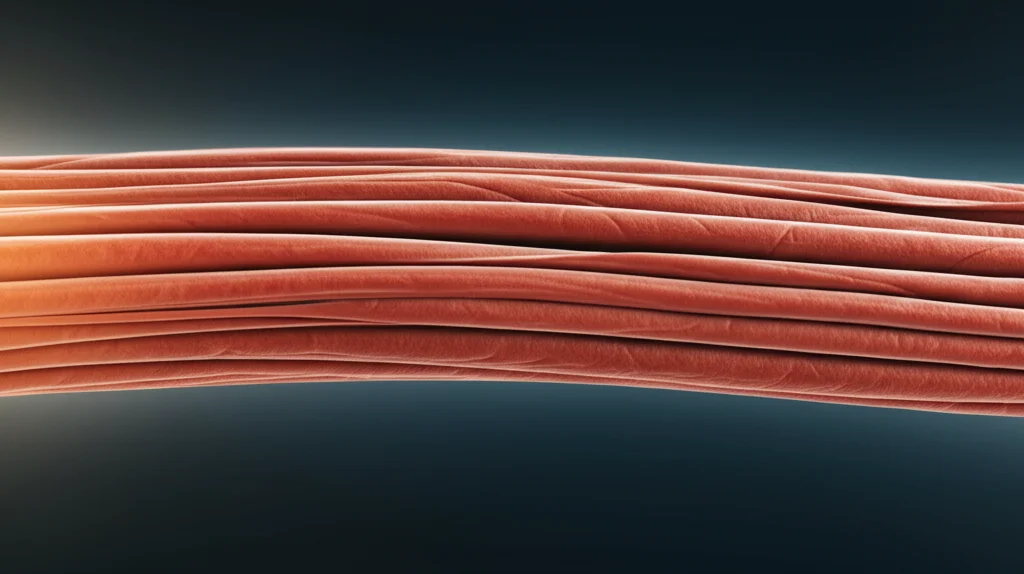 Immagine concettuale fotorealistica: una fibra muscolare umana anziana, sottile e con segni di atrofia sulla sinistra, si trasforma gradualmente verso destra in una fibra muscolare sana, spessa e robusta. Una luce soffusa illumina la transizione, simboleggiando il potenziale rigenerativo indotto dall'inibizione di p21. Lente prime 35mm, profondità di campo ridotta per focalizzare sulla trasformazione, toni caldi.