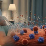 Immagine fotorealistica concettuale: una persona che dorme serenamente con una maschera CPAP stilizzata che si dissolve, trasformandosi in una rappresentazione molecolare di un farmaco GLP-1RA che interagisce con recettori cellulari, simboleggiando il passaggio a una nuova terapia per l'apnea notturna legata al diabete. Lente prime 50mm, profondità di campo, illuminazione soffusa.