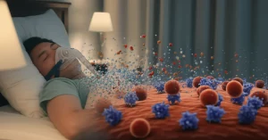 Immagine fotorealistica concettuale: una persona che dorme serenamente con una maschera CPAP stilizzata che si dissolve, trasformandosi in una rappresentazione molecolare di un farmaco GLP-1RA che interagisce con recettori cellulari, simboleggiando il passaggio a una nuova terapia per l'apnea notturna legata al diabete. Lente prime 50mm, profondità di campo, illuminazione soffusa.