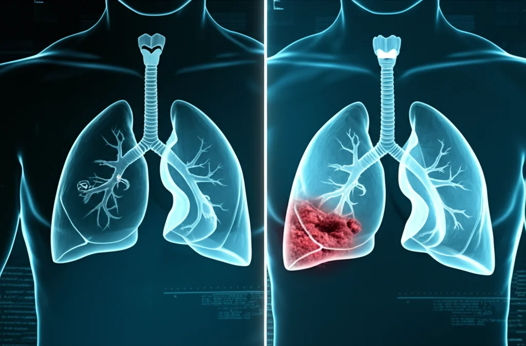 Immagine fotorealistica di polmoni umani visualizzati su uno schermo medico high-tech, 35mm, uno sano e l'altro affetto da fibrosi polmonare idiopatica (cicatrici visibili) e un nodulo tumorale evidente. Illuminazione drammatica stile film noir, alta definizione, che enfatizza la dualità della diagnosi.
