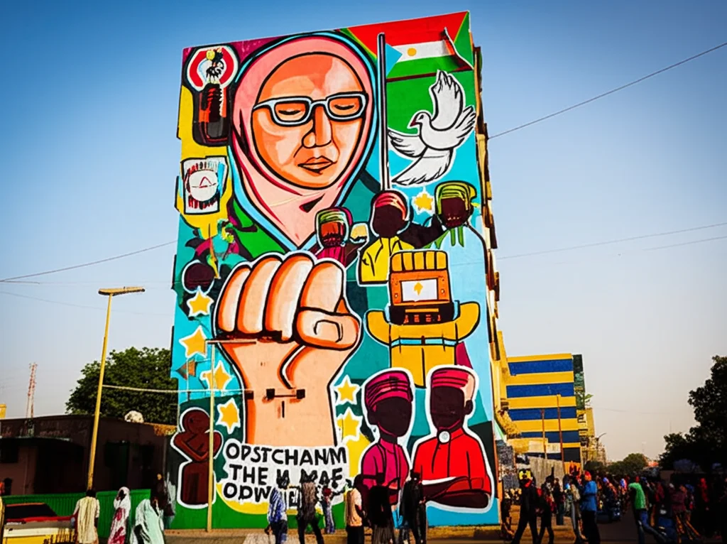 Immagine fotorealistica di un ampio murale colorato sulla facciata di un edificio a Khartoum durante il sit-in del 2019. Il murale raffigura simboli di unità, resistenza e speranza (come il pugno chiuso, colombe, figure stilizzate di manifestanti uniti). Scatto grandangolare (18mm) per catturare l'imponenza dell'opera e il contesto urbano circostante con persone che passano. Luce solare diretta del mattino, colori vividi e contrastati.