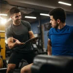 Immagine fotorealistica di un personal trainer sorridente che mostra un'analogia visiva (es. un disegno semplice su un tablet) a un principiante durante un esercizio di sollevamento pesi in una palestra moderna. Il principiante appare incuriosito e più rilassato. Obiettivo prime 50mm, profondità di campo ridotta per mettere a fuoco l'interazione, luce calda e accogliente.
