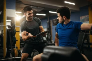 Immagine fotorealistica di un personal trainer sorridente che mostra un'analogia visiva (es. un disegno semplice su un tablet) a un principiante durante un esercizio di sollevamento pesi in una palestra moderna. Il principiante appare incuriosito e più rilassato. Obiettivo prime 50mm, profondità di campo ridotta per mettere a fuoco l'interazione, luce calda e accogliente.