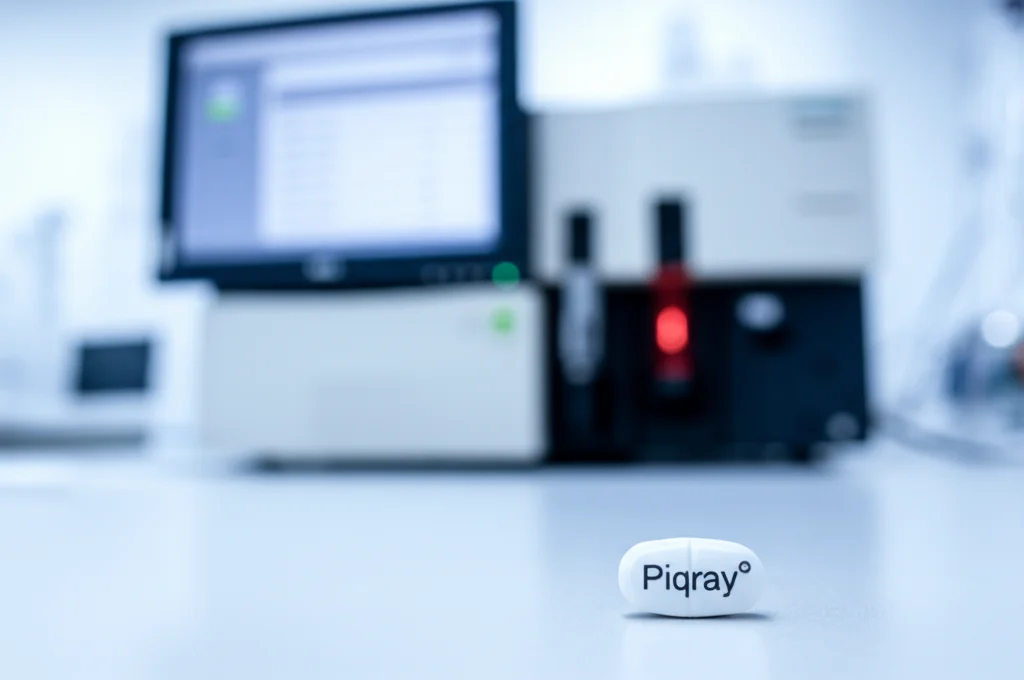 Immagine fotorealistica di una compressa di Alpelisib (Piqray) posizionata accanto a un moderno strumento UPLC in un laboratorio farmaceutico luminoso e pulito. L'illuminazione è controllata per evidenziare sia la compressa che i dettagli dello strumento. Obiettivo macro 90mm con messa a fuoco selettiva sulla compressa, lasciando lo strumento UPLC leggermente sfocato ma riconoscibile sullo sfondo per dare contesto tecnologico. Alta definizione.