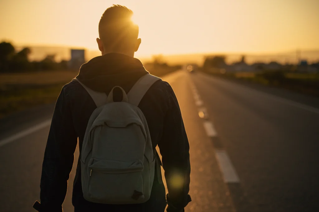 Immagine simbolica e fotorealistica: un giovane adulto cammina da solo su una strada al tramonto, voltato di spalle verso l'osservatore, dirigendosi verso un orizzonte incerto ma con una luce fioca all'orizzonte. Obiettivo grandangolare 24mm, luce calda del tramonto, leggera profondità di campo per mantenere a fuoco sia la figura che l'ambiente circostante, evocando il tema della transizione e delle sfide future.