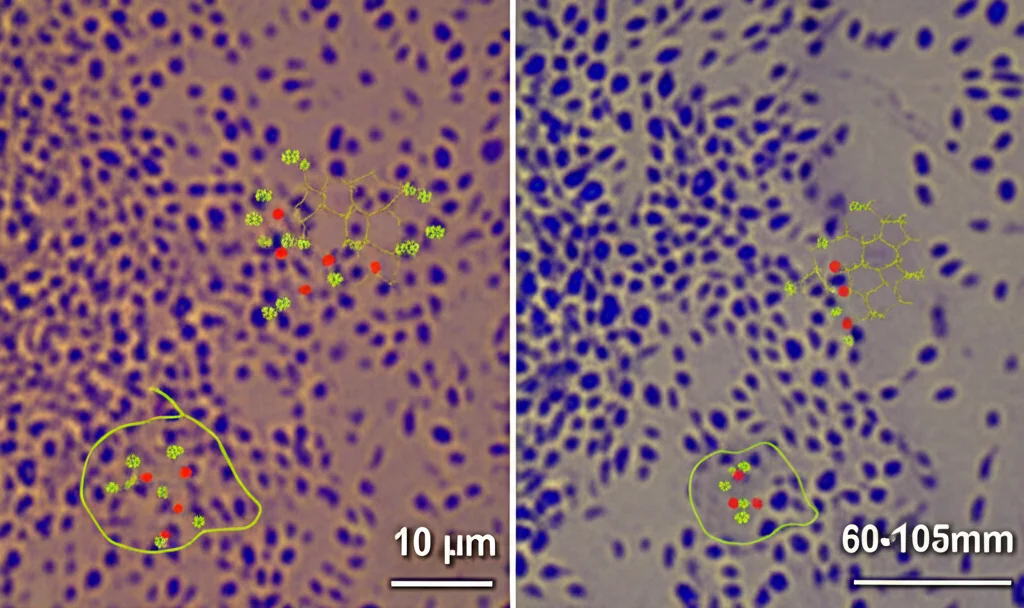 Macro lens, 60-105mm, high detail, controlled lighting, immagine ravvicinata di cellule epiteliali polmonari A549 danneggiate dall'infezione di Streptococcus pneumoniae resistente alla penicillina (PRSP), accanto a cellule protette dalla combinazione ottimizzata CAP (acido clorogenico, amigdalina, puerarina), con molecole stilizzate dei composti che interagiscono con le cellule e i batteri, suggerendo protezione e azione antibatterica.