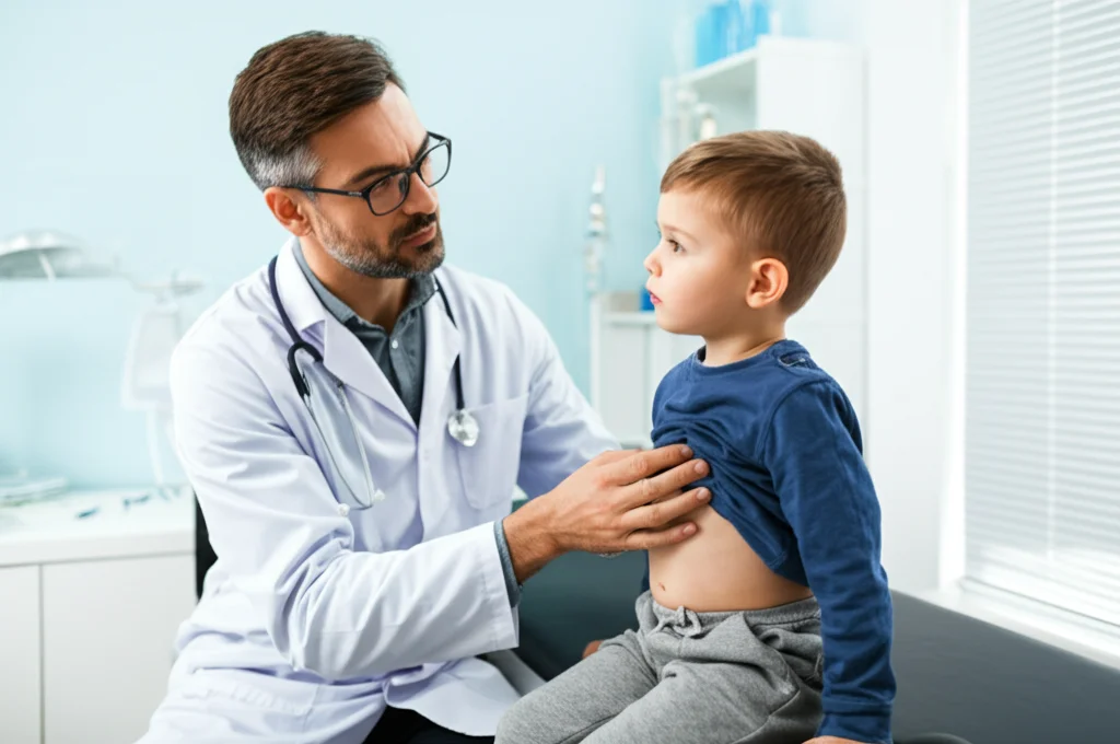 Medico che esamina delicatamente l'addome di un bambino in un ambulatorio luminoso, espressione concentrata ma rassicurante del medico, obiettivo 50mm, luce naturale dalla finestra.