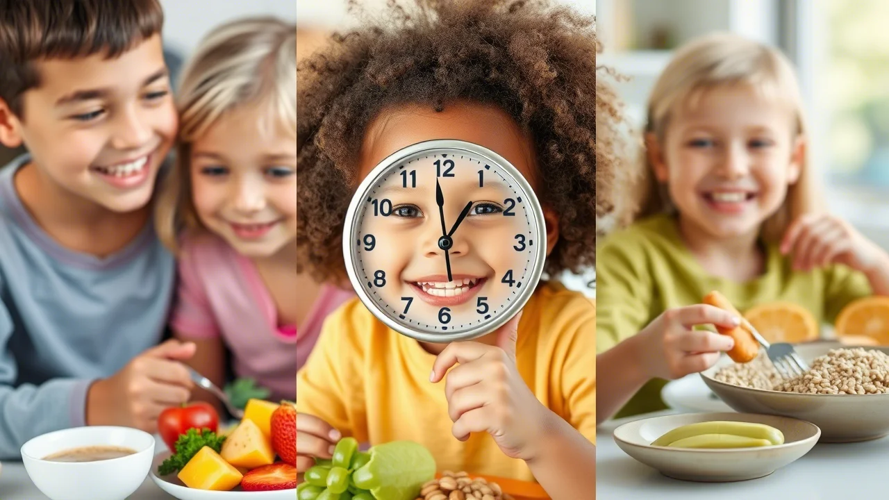 Un orologio stilizzato sovrapposto a immagini di cibi sani (frutta, verdura, cereali) consumati da bambini sorridenti in diversi momenti della giornata (colazione, pranzo, cena). Luce naturale brillante, obiettivo 50mm, focus selettivo sull'orologio e su un bambino che mangia felice.