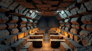 Visualizzazione 3D fotorealistica di uno schema ottimizzato di 'stope' (camere di scavo) all'interno di un giacimento minerario sotterraneo. Lente grandangolare 15mm per mostrare l'ampiezza, illuminazione drammatica che evidenzia le forme geometriche delle stope e dei pilastri lasciati tra di esse.