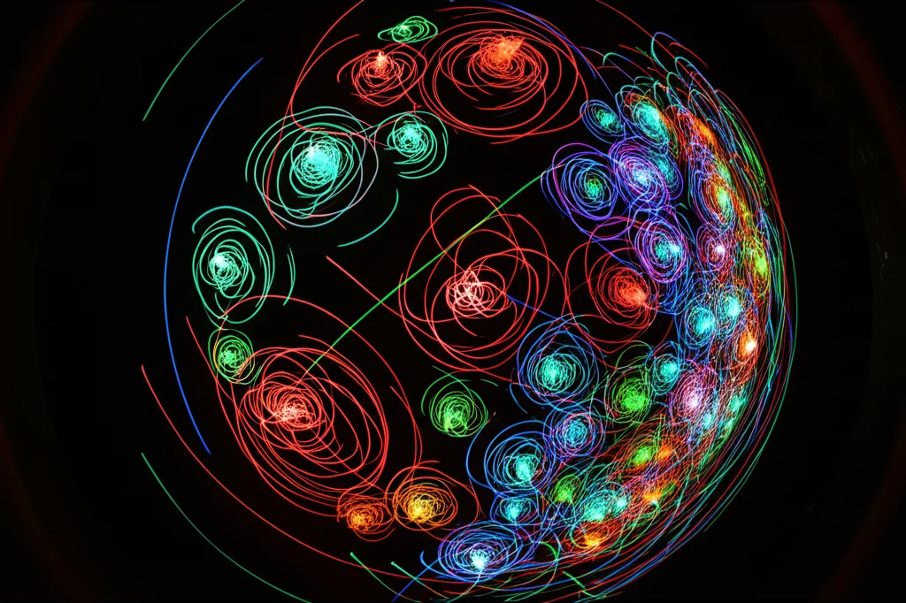 Visualizzazione artistica di un gruppo di isometrie discrete che agisce su uno spazio CAT(0) astratto e complesso, mostrando orbite di punti e suggerendo la struttura del quoziente orbispace. Wide-angle lens, 10mm, long exposure per tracciare le orbite, sharp focus, colori vibranti su sfondo scuro per enfatizzare la dinamica dell'azione.