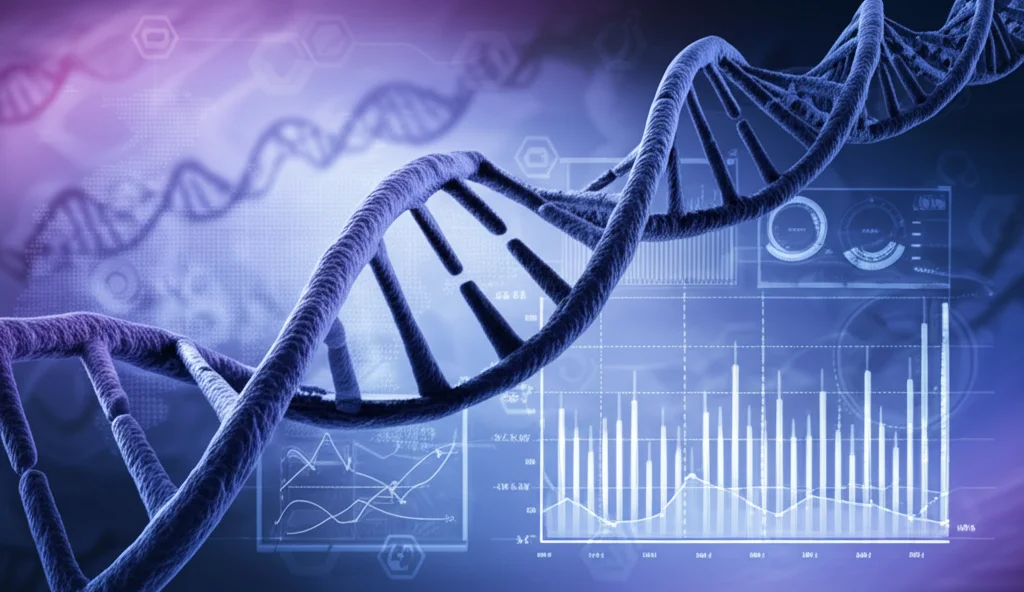 Visualizzazione astratta del DNA sequenziato con grafici sovrapposti che mostrano l'identificazione di patogeni, obiettivo macro 85mm, illuminazione drammatica controllata, alto dettaglio sulle eliche del DNA, sfondo tecnologico blu e viola duotone.