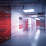 Visualizzazione astratta di un attacco informatico a una rete ospedaliera. Linee di codice binarie rosse sovrapposte a un'immagine sfocata di un corridoio d'ospedale high-tech. Illuminazione drammatica, obiettivo grandangolare 20mm per dare un senso di vastità e vulnerabilità, effetto duotone blu scuro e rosso acceso.