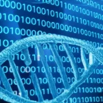 Visualizzazione astratta di una doppia elica del DNA che si trasforma in dati digitali binari (0 e 1) su uno sfondo blu tecnologico, simboleggiando l'analisi dei biomarcatori tramite modelli statistici per la diagnosi del cancro colon-rettale. Obiettivo grandangolare 24mm, focus nitido, illuminazione high-tech.