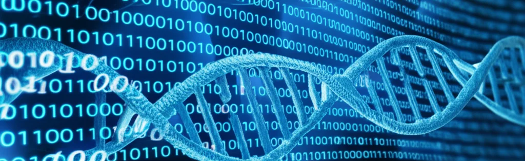 Visualizzazione astratta di una doppia elica del DNA che si trasforma in dati digitali binari (0 e 1) su uno sfondo blu tecnologico, simboleggiando l'analisi dei biomarcatori tramite modelli statistici per la diagnosi del cancro colon-rettale. Obiettivo grandangolare 24mm, focus nitido, illuminazione high-tech.