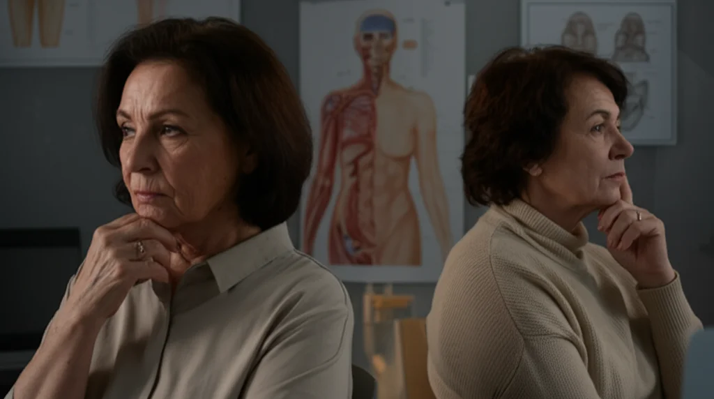 Fotografia ritratto di tre donne diverse che rappresentano diverse fasce d'età (giovane adulta, mezza età, anziana), dall'aspetto pensieroso ma potente. Illuminazione morbida e naturale. Obiettivo prime, 35mm, profondità di campo. Lo sfondo suggerisce sottilmente diagrammi di anatomia femminile.