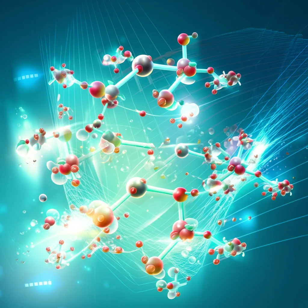 Illustrazione concettuale che mostra molecole di idrocarburi gassosi (sfere colorate piccole) che vengono assorbite selettivamente da una struttura molecolare complessa rappresentante un liquido ionico (ioni più grandi e asimmetrici), con linee luminose che simboleggiano l'analisi AI. Sfondo tecnologico astratto.