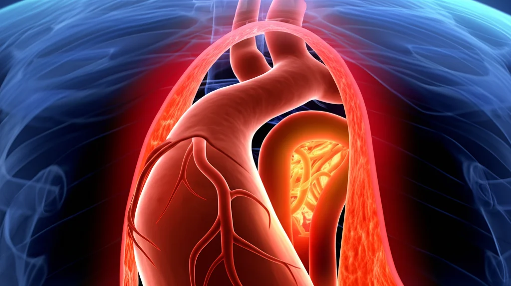 Illustrazione medica 3D altamente dettagliata dell'aorta umana che mostra una dissezione acuta di tipo A, con la parete interna lacerata e il flusso sanguigno anomalo nel falso lume. Macro lens 70mm, high detail, illuminazione drammatica focalizzata sulla zona della dissezione per enfatizzare la gravità della condizione medica.