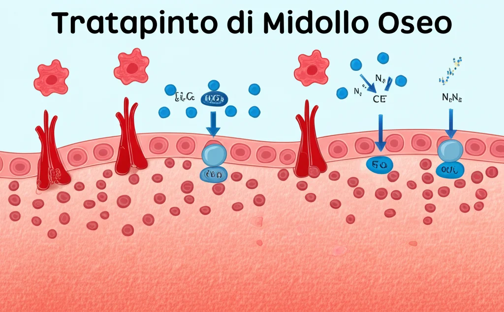 Illustrazione medica astratta che mostra il bilanciamento delle citochine infiammatorie (rosse) e anti-infiammatorie (blu) nel contesto del trapianto di midollo osseo, con un farmaco (come Ruxolitinib) che agisce per ridurre l'infiammazione. Stile grafico moderno, alta definizione.
