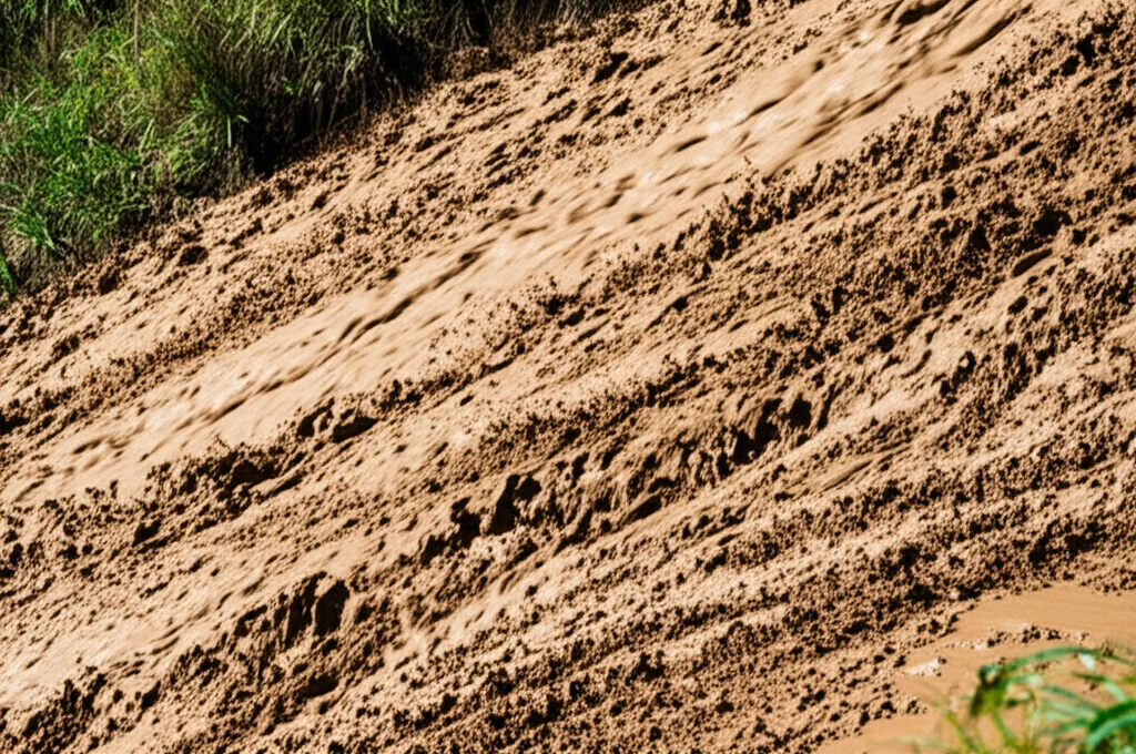 Immagine drammatica di una colata di fango in movimento lungo un pendio naturale, catturata con un teleobiettivo zoom (200mm) per comprimere la prospettiva; alta velocità dell'otturatore per congelare parzialmente il movimento del fango, mostrando schizzi e texture, luce naturale intensa che crea forti contrasti.