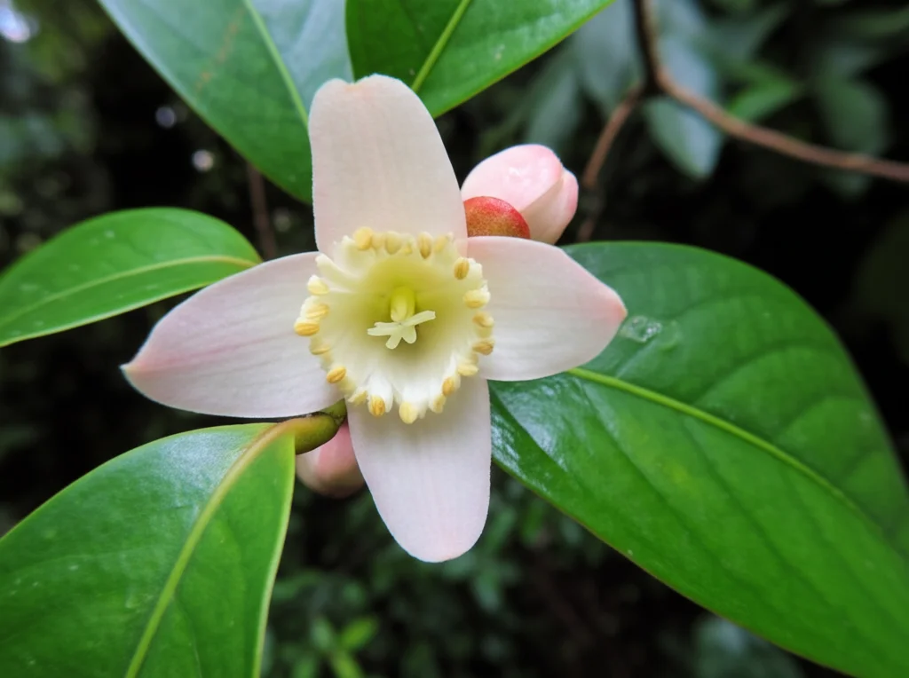 Immagine fotorealistica del fiore della nuova specie Blakea graciliflora nel suo habitat naturale della foresta nebulosa andina. Obiettivo macro, 90mm, vista dettagliata della struttura del fiore inclusi petali bianco-rosati, stami color crema ad anello e bratteole, con foglie obovate caratteristiche visibili. Alta definizione, messa a fuoco precisa, luce naturale soffusa filtrata dalla chioma degli alberi.