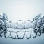 Immagine macro ad alta definizione di un set di allineatori dentali trasparenti su sfondo neutro, illuminazione da studio controllata, obiettivo macro 100mm, messa a fuoco precisa sulla texture.