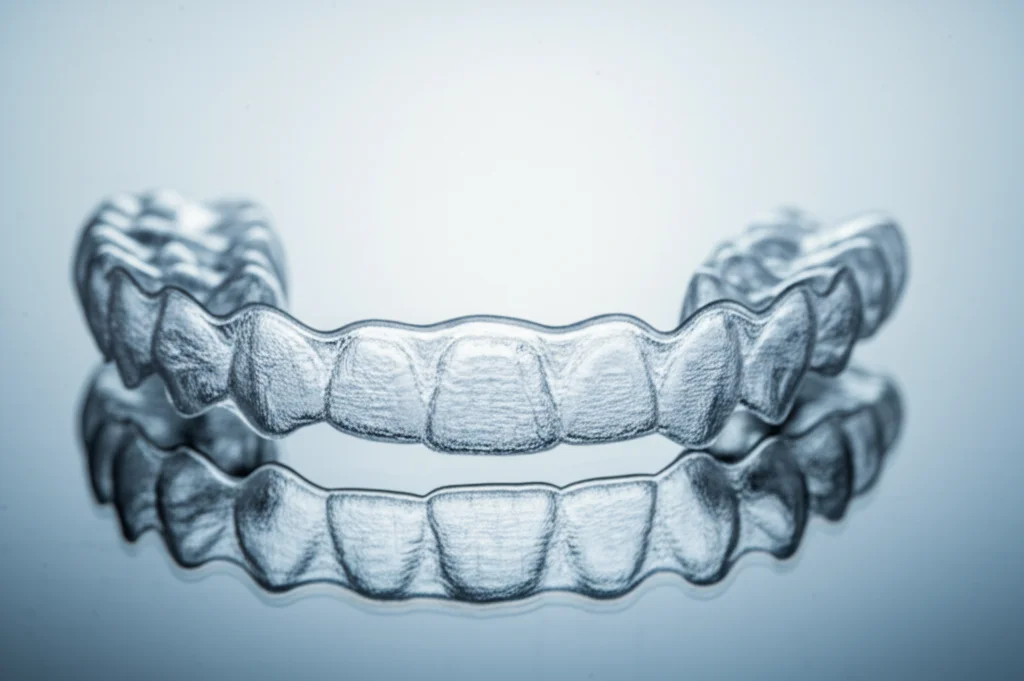 Immagine macro ad alta definizione di un set di allineatori dentali trasparenti su sfondo neutro, illuminazione da studio controllata, obiettivo macro 100mm, messa a fuoco precisa sulla texture.