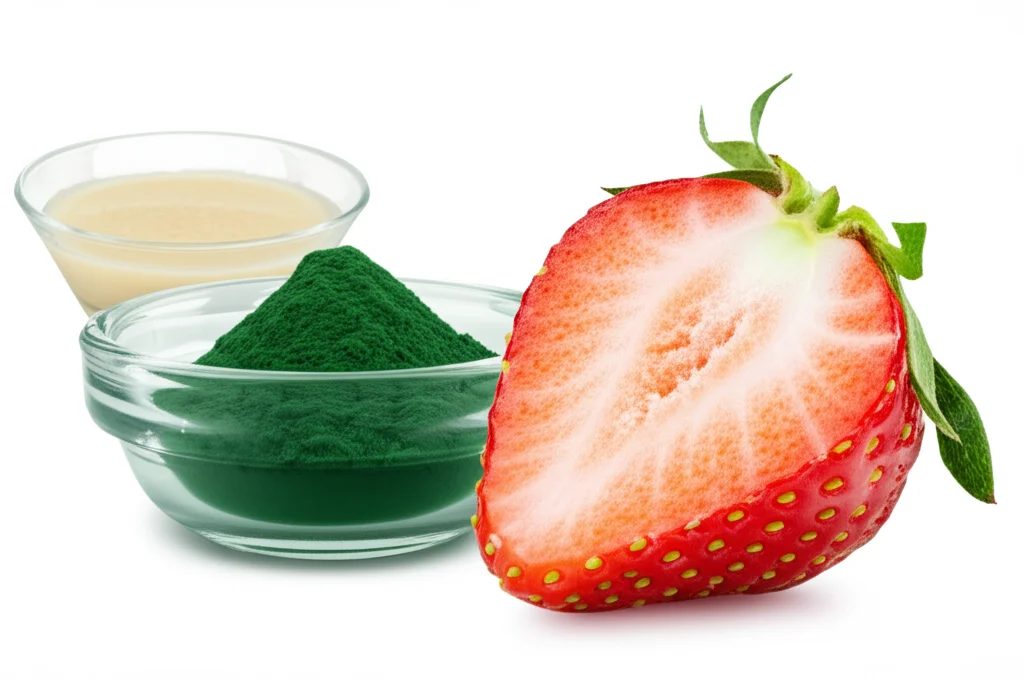 Macro fotografia di una fragola perfettamente matura e lucida, metà della quale è ricoperta da un sottile rivestimento edibile quasi invisibile ma che le conferisce una leggera brillantezza extra. Accanto, una piccola ciotola di vetro contiene una polvere verde fine (Spirulina) e un'altra una coltura liquida lattiginosa (probiotici). Obiettivo macro 85mm, alta definizione, messa a fuoco selettiva sulla fragola, illuminazione da studio morbida che esalta i colori rossi e verdi.