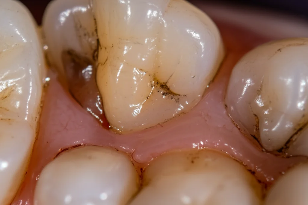 Primo piano fotorealistico, lente macro 100mm, che mostra tessuto gengivale rosa sano integrato perfettamente con la radice di un dente, simboleggiando la rigenerazione parodontale. Alta definizione, illuminazione naturale morbida, profondità di campo ridotta.