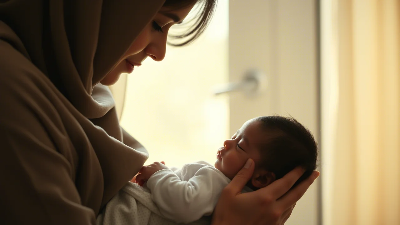 Ritratto fotografico di una giovane madre araba che guarda con tenerezza il suo neonato addormentato tra le sue braccia. Luce naturale soffusa che entra da una finestra. Profondità di campo ridotta per sfocare lo sfondo. Obiettivo 35mm, toni caldi.