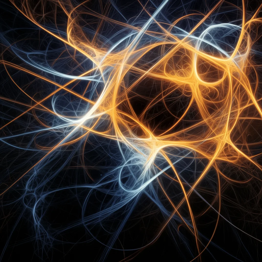 Visualizzazione artistica del concetto di caos frazionario intrecciato con reti neurali, stile fotorealistico, obiettivo 35mm, profondità di campo, duotone blu elettrico e arancione caldo, che rappresenta l'intelligenza artificiale che analizza sistemi dinamici complessi con memoria.