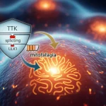 Visualizzazione concettuale fotorealistica di una cellula di cancro alla vescica con mitocondri incandescenti (simbolo di attività e sopravvivenza). Sovrapposta, una rappresentazione stilizzata della proteina TTK che agisce come uno scudo protettivo o un interruttore, con frecce che indicano la regolazione della mitofagia e dello splicing di ULK1. Profondità di campo ridotta per focalizzare sulla cellula, toni blu e arancio duotone per contrasto scientifico/biologico, obiettivo 35mm.