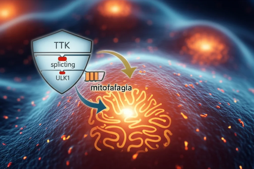 Visualizzazione concettuale fotorealistica di una cellula di cancro alla vescica con mitocondri incandescenti (simbolo di attività e sopravvivenza). Sovrapposta, una rappresentazione stilizzata della proteina TTK che agisce come uno scudo protettivo o un interruttore, con frecce che indicano la regolazione della mitofagia e dello splicing di ULK1. Profondità di campo ridotta per focalizzare sulla cellula, toni blu e arancio duotone per contrasto scientifico/biologico, obiettivo 35mm.