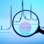 Concetto di controllo qualità farmaceutico: una compressa combinata di paracetamolo, ibuprofene e clorzoxazone posta sotto una lente d'ingrandimento su un tavolo da laboratorio. Sullo sfondo, grafici stilizzati di cromatogrammi HPLC e TLC con picchi separati, simboleggianti l'analisi delle impurità. Macro lens, 100mm, high detail, precise focusing, controlled lighting, sfondo leggermente sfocato.