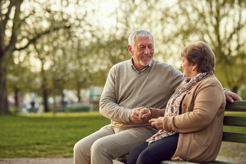 Coppia anziana sorridente seduta su una panchina al parco, si tengono per mano, luce calda del tardo pomeriggio, obiettivo 50mm, stile fotorealistico con colori naturali e vivaci, profondità di campo media.