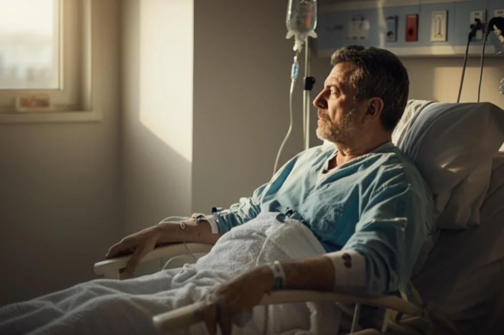 Fotografia di ritratto ambientato, un paziente in emodialisi (uomo, 60 anni) guarda fuori da una finestra con un'espressione pensierosa ma serena, la luce del tardo pomeriggio crea lunghe ombre nella stanza dell'ospedale. Obiettivo 50mm, profondità di campo media per includere parte dell'ambiente ma mantenere il focus sul paziente, atmosfera calma e riflessiva, colori leggermente desaturati per un tono introspettivo.