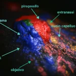 Immagine concettuale del cervello umano con aree evidenziate che mostrano l'attività metabolica alterata del glioblastoma e la rara metastasi extracranica che si estende verso il cuoio capelluto, obiettivo grandangolare 24mm, messa a fuoco nitida sull'interfaccia cervello-metastasi, illuminazione suggestiva che enfatizza la complessità e l'invasività del tumore.