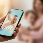 Immagine concettuale di una mano che tiene uno smartphone con un'app per la salute mentale aperta, sovrapposta a uno sfondo sfocato di una madre con il suo bambino. Obiettivo prime 35mm, depth of field, luce calda e rassicurante.