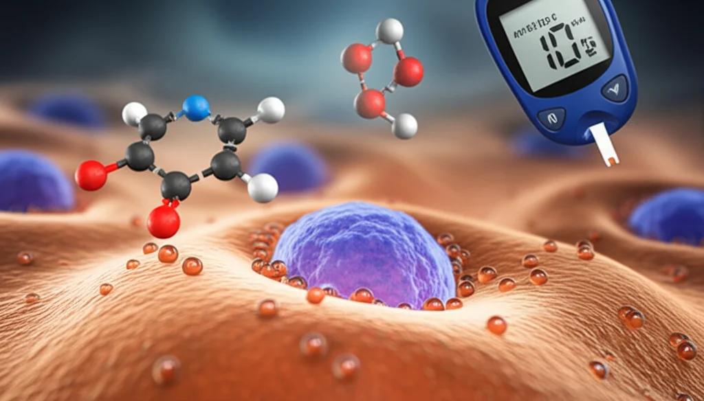 Immagine concettuale fotorealistica che illustra l'interazione tra metformina (molecole stilizzate), ioni di rame e ferro, e una cellula di cancro al seno. La cellula mostra segni iniziali di apoptosi (cuproptosi/ferroptosi). Sfondo sfocato con elementi che richiamano il diabete (es. monitor glicemico). Illuminazione drammatica ma scientifica. Lente prime 35mm, profondità di campo.