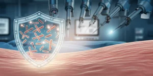 Immagine concettuale fotorealistica: una sezione stilizzata dell'intestino umano con batteri probiotici luminosi che interagiscono positivamente con le cellule della mucosa intestinale, protetta da uno scudo traslucido che simboleggia la barriera intestinale rinforzata. Sullo sfondo, sfocati, strumenti chirurgici robotici. Obiettivo macro 70mm, illuminazione calda e scientifica, focus selettivo sui probiotici, alta definizione.