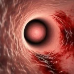 Immagine medica concettuale che illustra una fistola tra un linfonodo infiammato e il duodeno, con segni di emorragia. Stile fotorealistico, obiettivo macro 85mm, profondità di campo, illuminazione drammatica.