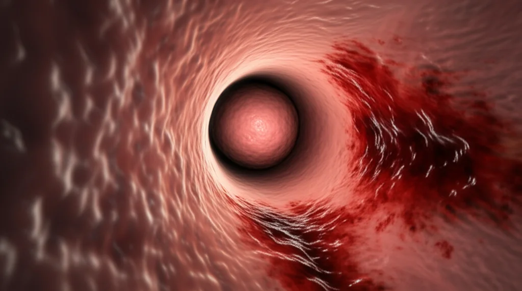 Immagine medica concettuale che illustra una fistola tra un linfonodo infiammato e il duodeno, con segni di emorragia. Stile fotorealistico, obiettivo macro 85mm, profondità di campo, illuminazione drammatica.