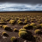 Paesaggio grandangolare, 18 mm, focus acuto, drammatica illuminazione pomeridiano che lancia lunghe ombre, mostrando grumi resilienti di erba Orinus che sopravvivono sul vasto, arido, roccioso terreno roccioso dell'altopiano Qinghai-Xizang sotto un vasto cielo in parte nuvoloso.
