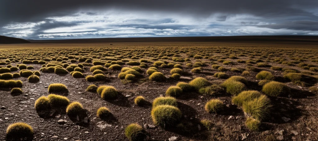 Paesaggio grandangolare, 18 mm, focus acuto, drammatica illuminazione pomeridiano che lancia lunghe ombre, mostrando grumi resilienti di erba Orinus che sopravvivono sul vasto, arido, roccioso terreno roccioso dell'altopiano Qinghai-Xizang sotto un vasto cielo in parte nuvoloso.