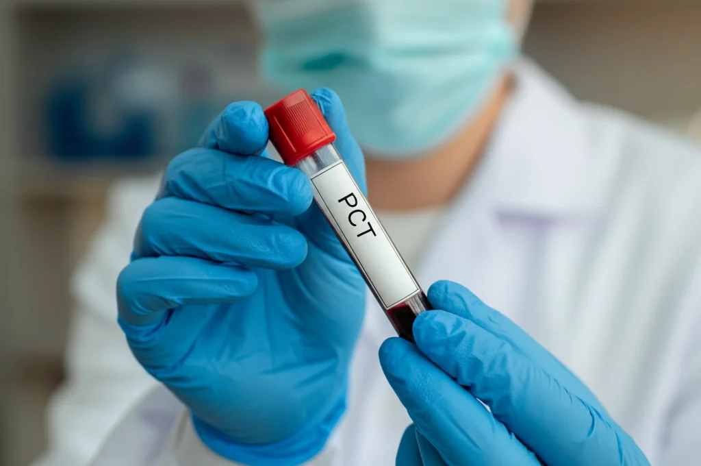 Primo piano di una provetta di sangue con etichetta 'PCT' tenuta da un tecnico di laboratorio in guanti blu, sfondo sfocato di un laboratorio medico, illuminazione controllata, lente macro 100mm, alta definizione.